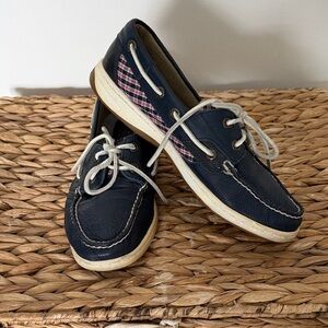 Sperry Topsider Navy Blue Boat Shoes with Plaid Detail GUC